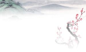 Três pinturas a tinta, montanhas, imagens de fundo de flor de ameixa PPT