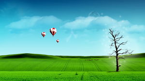 藍天白雲草熱氣球的PPT背景圖片