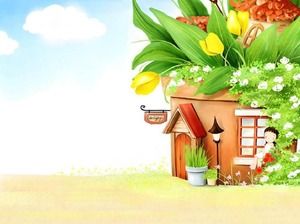 Image de fond PPT de dessin animé de maison de grand arbre de fleur de soleil