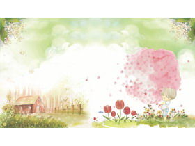 Immagine di sfondo PPT della ragazza della casa di legno dell'acquerello fresco del fumetto
