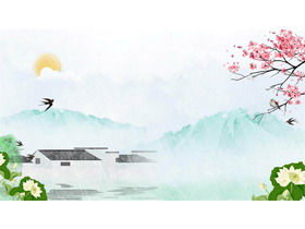 Свежие чернила в китайском стиле весенняя тема PPT фоновое изображение