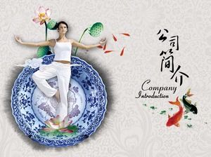 Lótus de porcelana azul e branca beleza ioga perfil da empresa estilo chinês modelo PPT