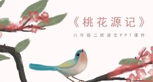Semplice ed elegante sfondo di fiori e uccelli ad acquerello scuola media Peach Blossom Spring Modello PPT per l'insegnamento del cinese