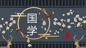 Altın geyik ve erik çiçeği arka planlı Çince öğrenme teması PPT şablonu