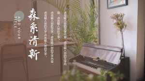 Frische Wald-PPT-Vorlage mit Bonsai-Klavierhintergrund