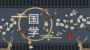 Modelo de PPT de tema de aprendizado chinês com fundo de veado dourado e flor de ameixa