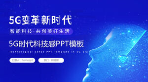 Modelo de PPT de tema da era 5G com fundo de expressão de personagem virtual azul